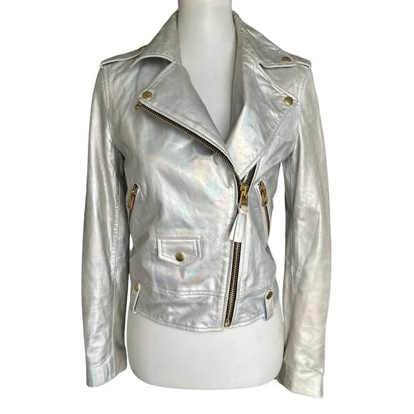 Mackage Silver Lambskin Leather Motorcycle Jacket, Womens, Size XS - Picture 1 of 10